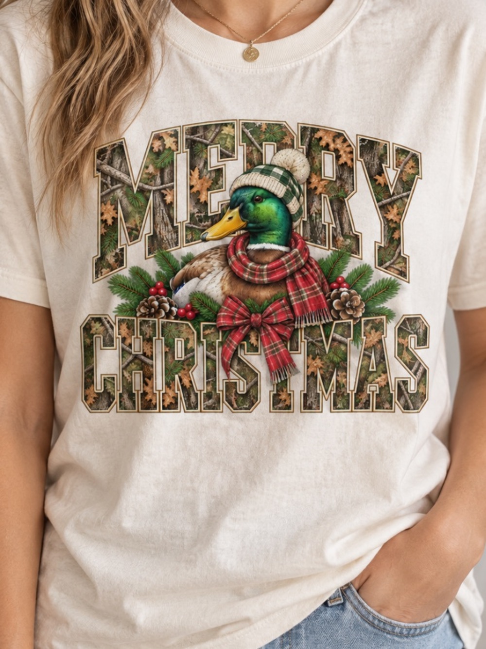 Merry Christmas Mallard Duck Camo Plaid Scarf Beanie Pinecones Vintage T-Shirt
